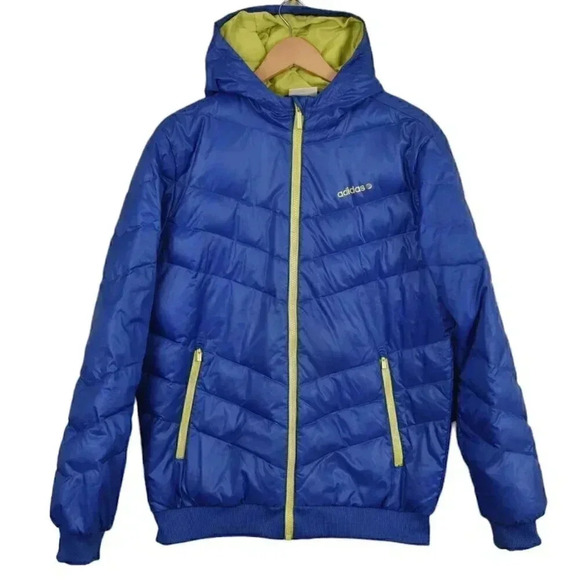 Adidas Neo Label Down  Filled Bomber Puffy Jacket Hooded Blue Size Medium - Picture 1 of 11